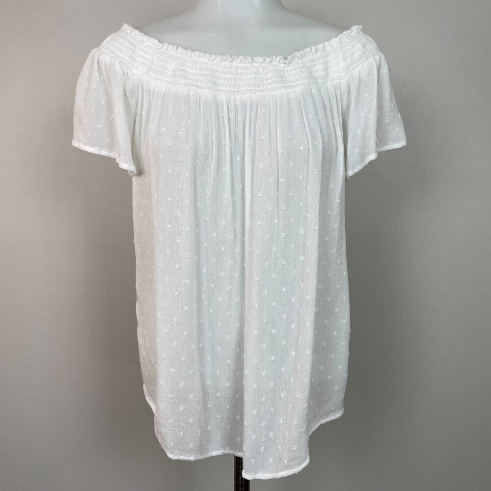 Old Navy Top Small White Off-the-Shoulder Clip Dot‎ Short Sleeve Lightweight